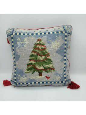 Wool Petit Point Christmas Tree Pillow with tassels, zip back, 14" needlepoint